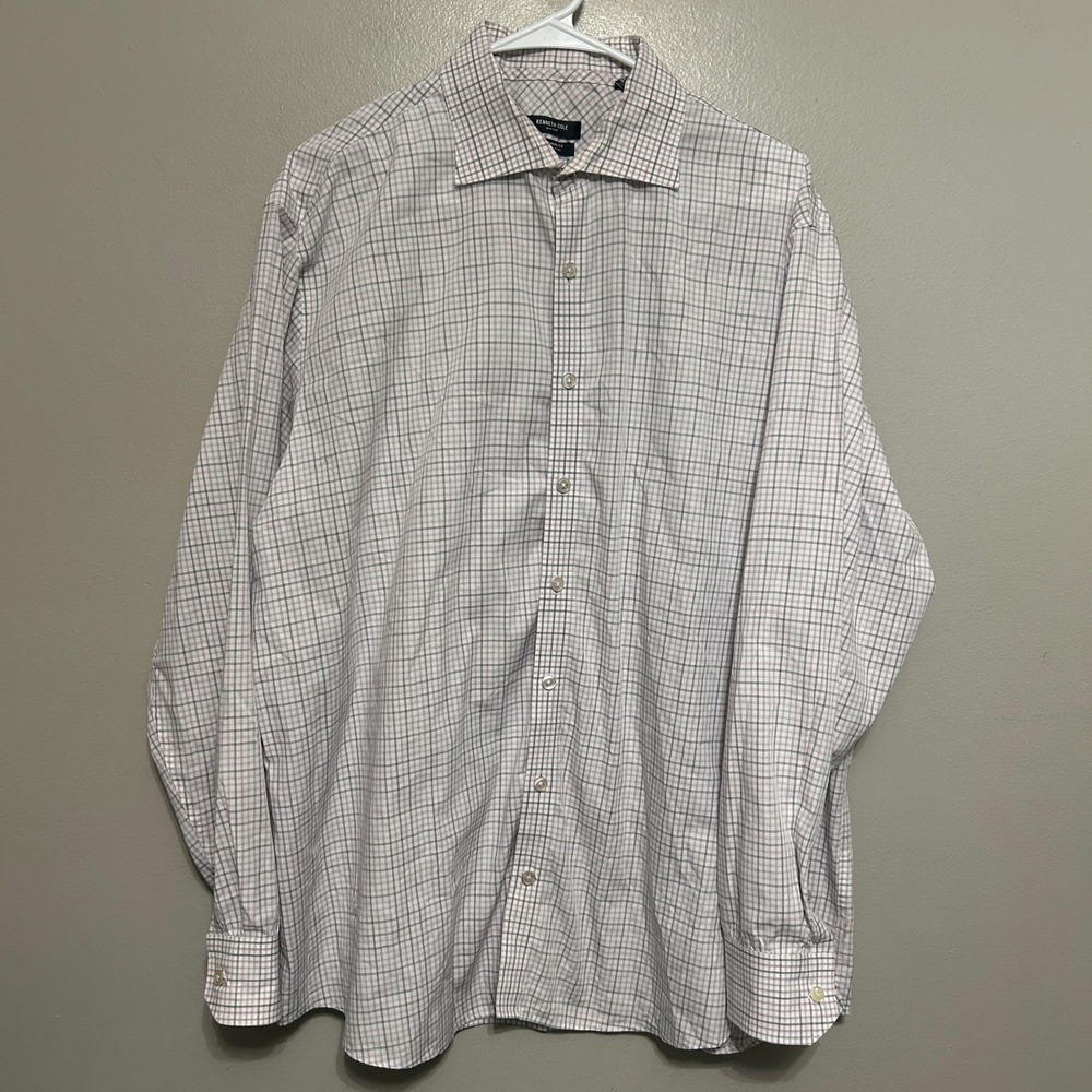 Kenneth Cole Dress Shirt Mens 17.5 34/35 White Plaid Non-Iron Regular Fit Preppy